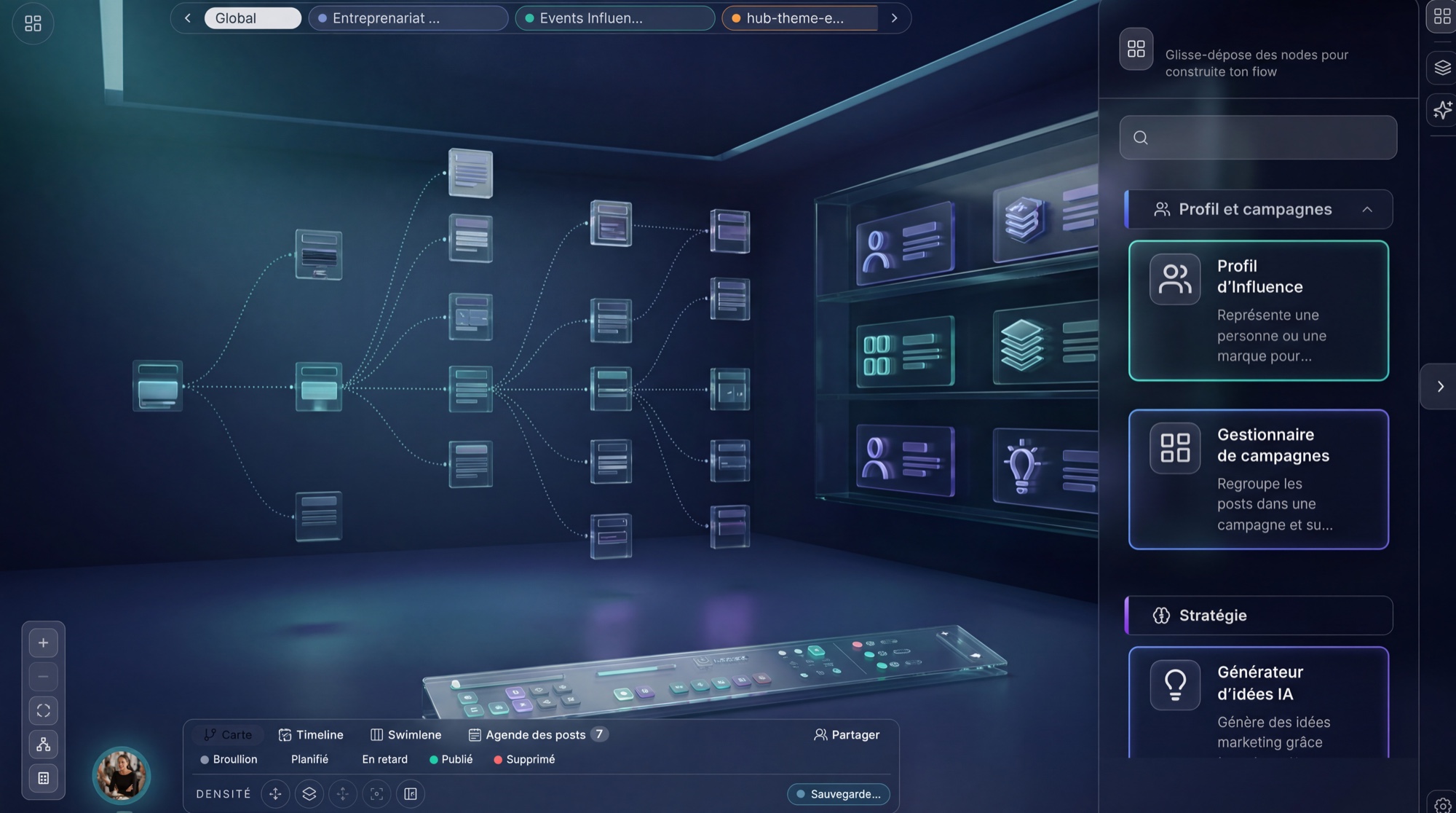 Vue immersive de la bibliothèque de nodes et du moteur intelligent d’influence